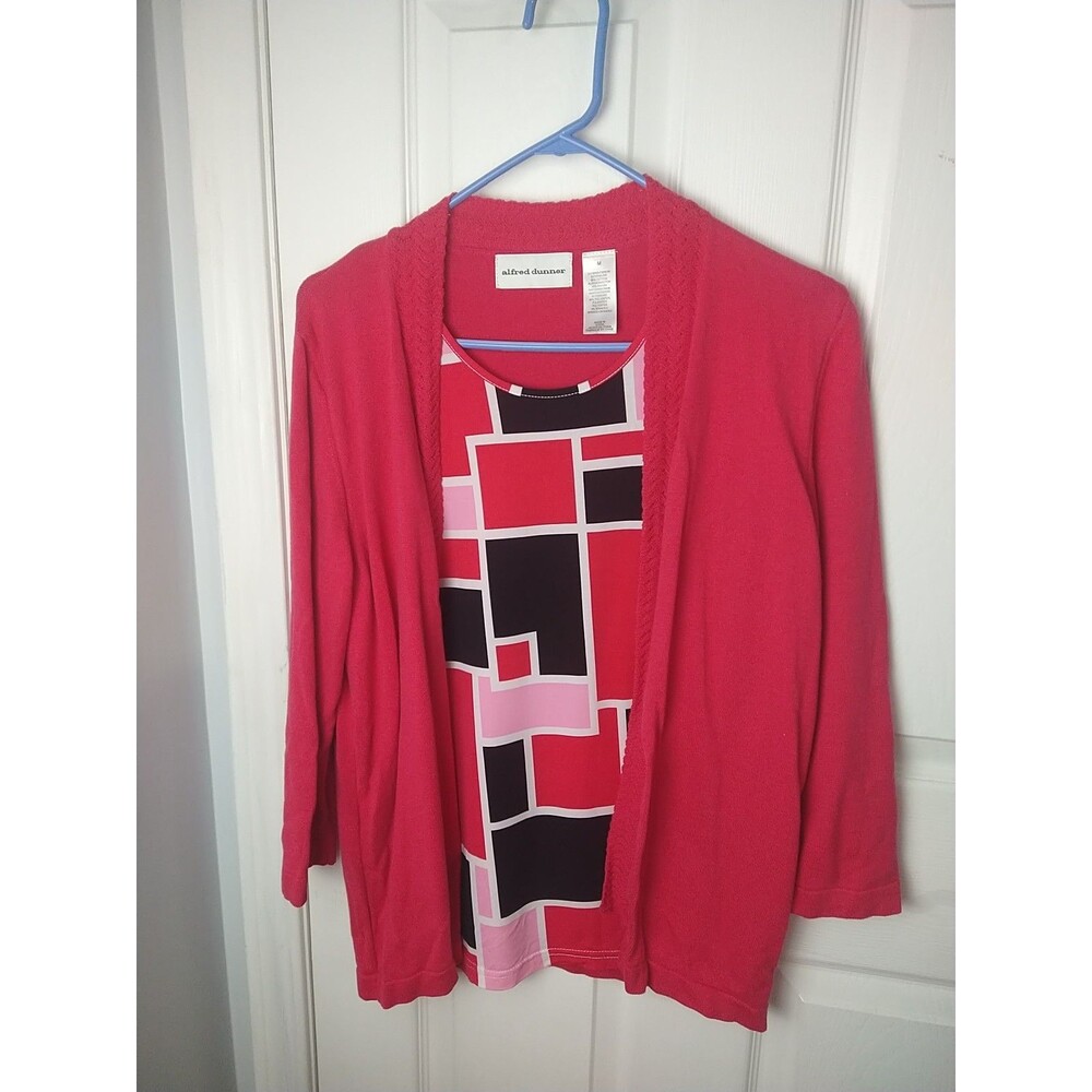 Alfred Dunner Woman M Pink Cardigan Attached Geometric Tank LS Office Business